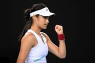 The US Open champion celebrating a point against Sloane Stephens in their first-round encounmter at Australian Open 2022